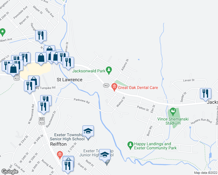 map of restaurants, bars, coffee shops, grocery stores, and more near 1 Adams Street in Reading