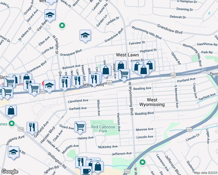 map of restaurants, bars, coffee shops, grocery stores, and more near 2426R Penn Avenue in West Lawn