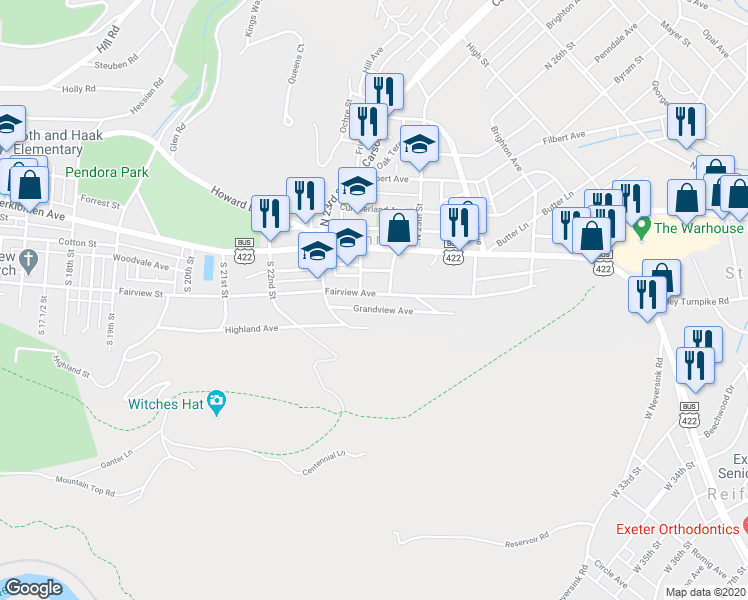 map of restaurants, bars, coffee shops, grocery stores, and more near 2412 Fairview Avenue in Mount Penn