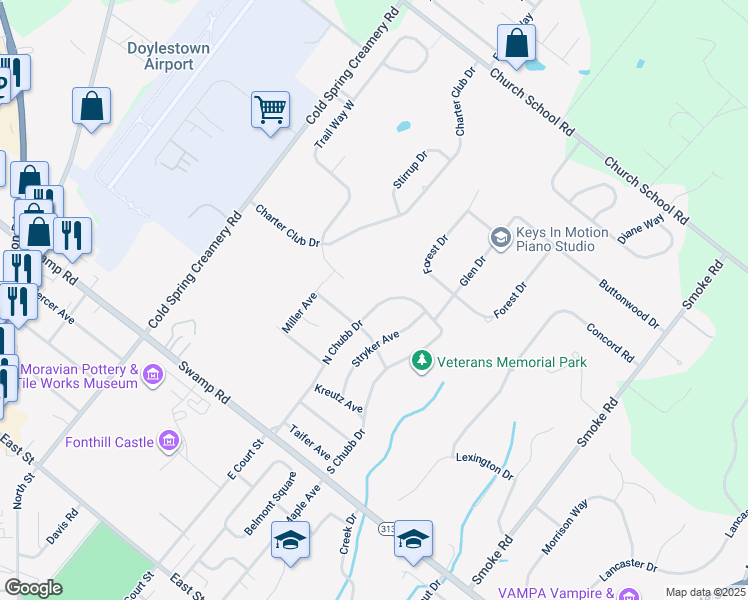 map of restaurants, bars, coffee shops, grocery stores, and more near 747 North Chubb Drive in Doylestown