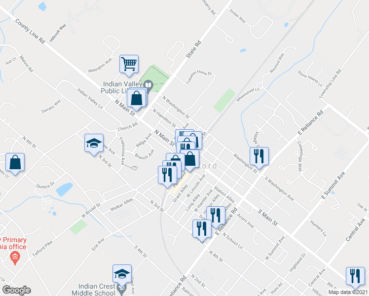 map of restaurants, bars, coffee shops, grocery stores, and more near 101 West Broad Street in Telford