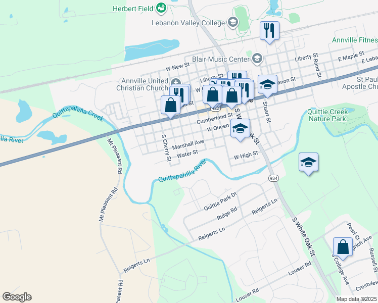 map of restaurants, bars, coffee shops, grocery stores, and more near 134 South Chestnut Street in Annville