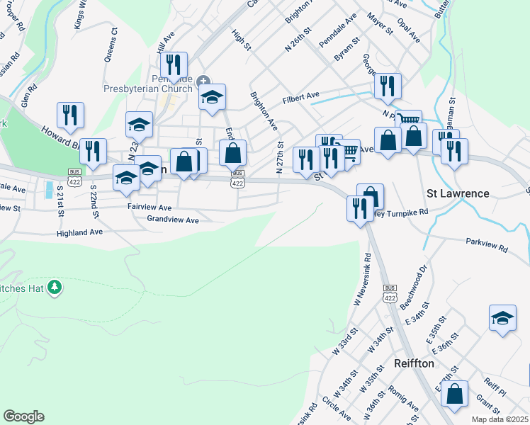 map of restaurants, bars, coffee shops, grocery stores, and more near 2634 Fairview Avenue in Reading
