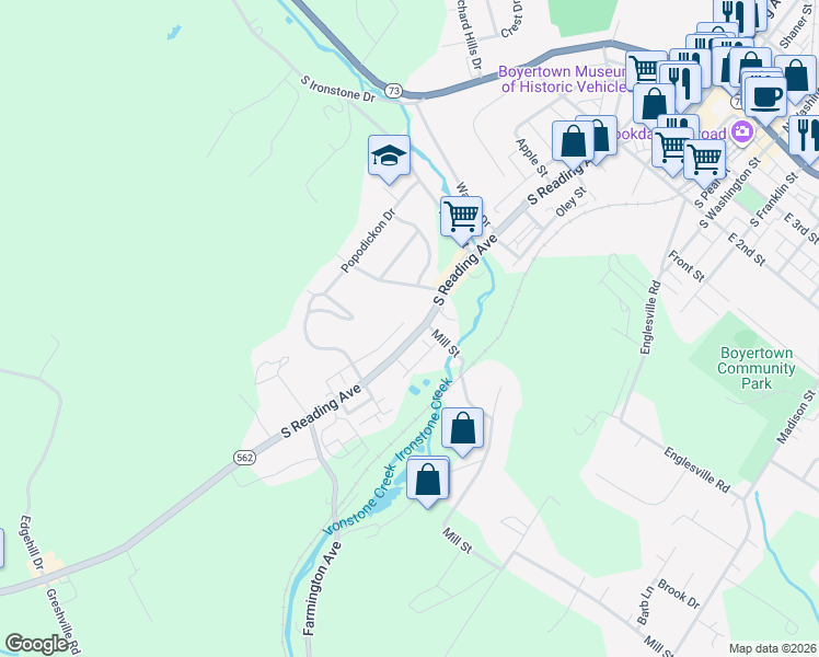 map of restaurants, bars, coffee shops, grocery stores, and more near 613 South Reading Avenue in Boyertown