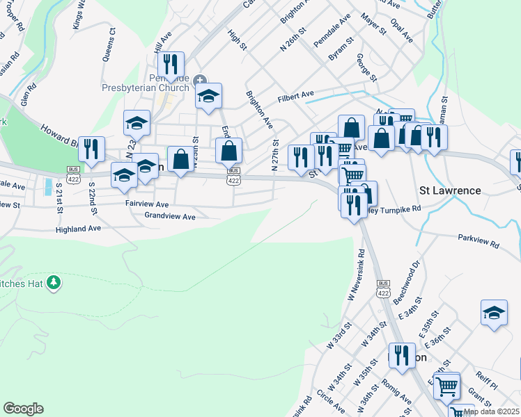 map of restaurants, bars, coffee shops, grocery stores, and more near 2634 Fairview Avenue in Reading