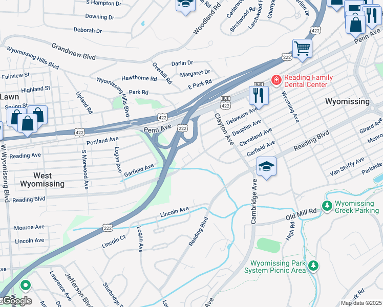 map of restaurants, bars, coffee shops, grocery stores, and more near 3 Wyomissing Court in Wyomissing