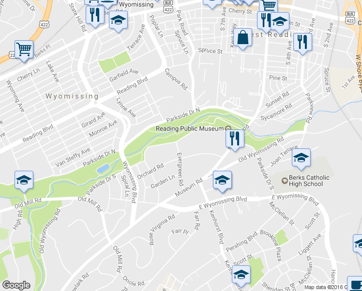 map of restaurants, bars, coffee shops, grocery stores, and more near 1236 Parkside Drive South in Reading