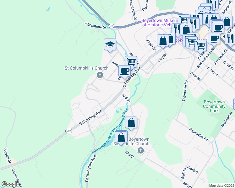 map of restaurants, bars, coffee shops, grocery stores, and more near 605 South Reading Avenue in Boyertown