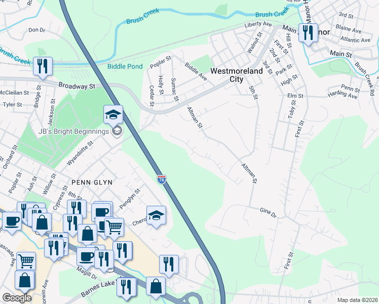 map of restaurants, bars, coffee shops, grocery stores, and more near 930 Castleview Drive in Irwin
