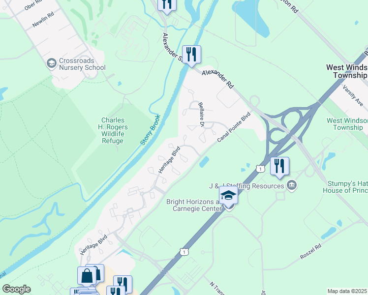 map of restaurants, bars, coffee shops, grocery stores, and more near 11 Heritage Boulevard in Princeton