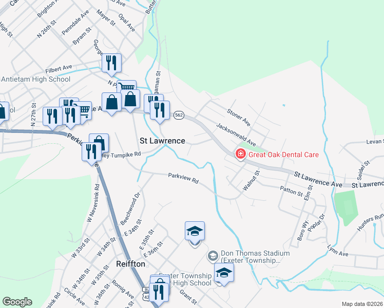 map of restaurants, bars, coffee shops, grocery stores, and more near 329 Parkview Road in Reading