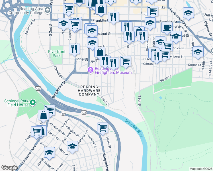 map of restaurants, bars, coffee shops, grocery stores, and more near 616 Willow Street in Reading