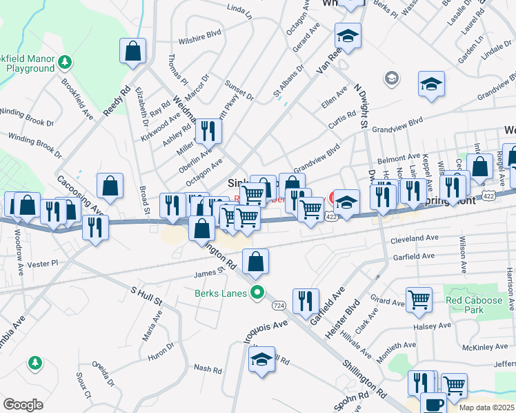 map of restaurants, bars, coffee shops, grocery stores, and more near 3443 Penn Avenue in Sinking Spring