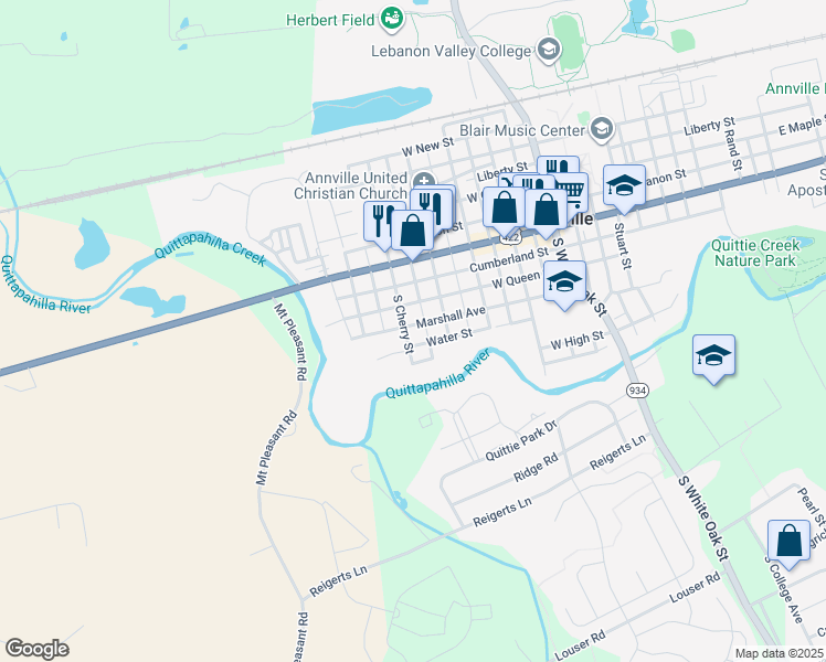 map of restaurants, bars, coffee shops, grocery stores, and more near 351 Water Street in Annville