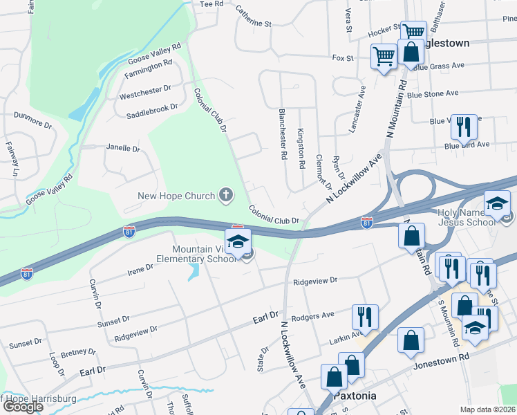 map of restaurants, bars, coffee shops, grocery stores, and more near 399 Colonial Club Drive in Harrisburg
