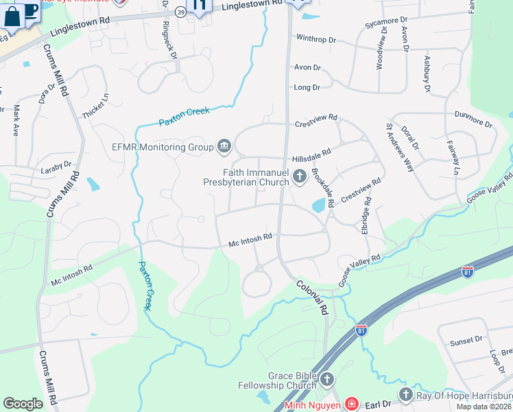 map of restaurants, bars, coffee shops, grocery stores, and more near 1800 Eastfield Drive in Harrisburg