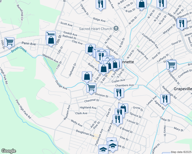 map of restaurants, bars, coffee shops, grocery stores, and more near 327 South 5th Street in Jeannette