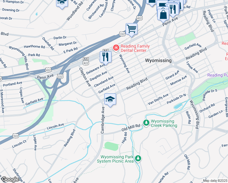map of restaurants, bars, coffee shops, grocery stores, and more near 1615 Reading Boulevard in Wyomissing