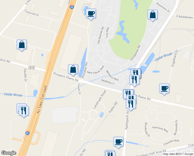 map of restaurants, bars, coffee shops, grocery stores, and more near 451 Roxbury Lane in Monroe Township