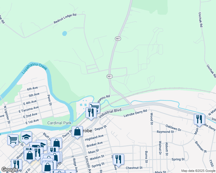 map of restaurants, bars, coffee shops, grocery stores, and more near 866 Lattanzio Road in Latrobe