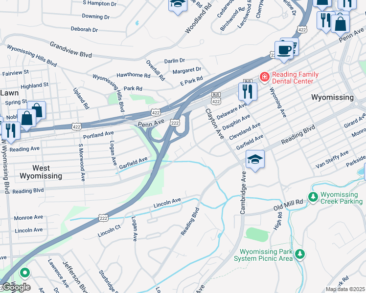 map of restaurants, bars, coffee shops, grocery stores, and more near 4 Wyomissing Court in Wyomissing