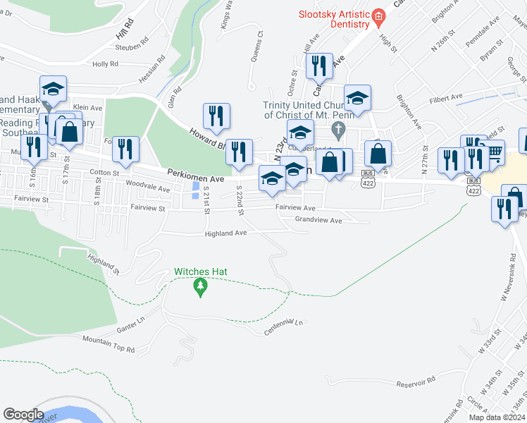 map of restaurants, bars, coffee shops, grocery stores, and more near 2236 Fairview Avenue in Mount Penn
