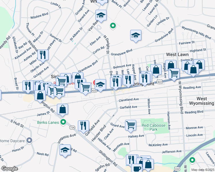 map of restaurants, bars, coffee shops, grocery stores, and more near 5 East Court Boulevard in West Lawn