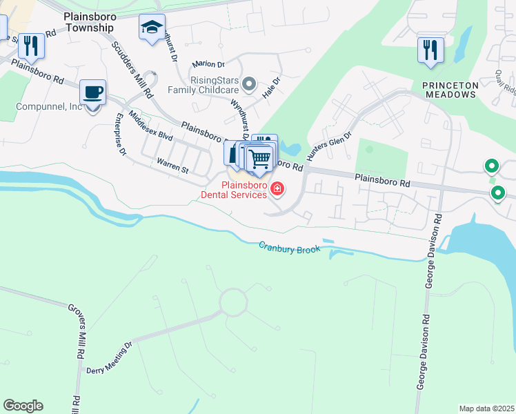 map of restaurants, bars, coffee shops, grocery stores, and more near 2288 Deer Creek Drive in Plainsboro Township