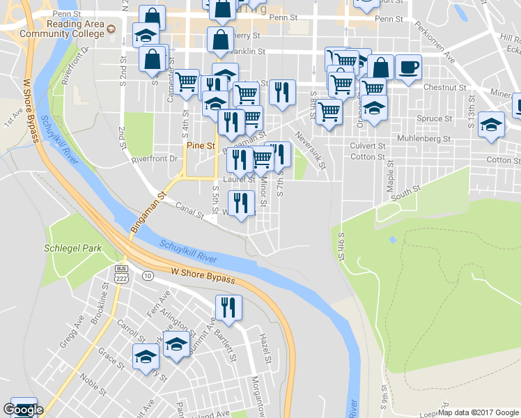 map of restaurants, bars, coffee shops, grocery stores, and more near 616 Willow Street in Reading