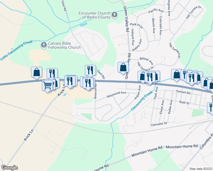 map of restaurants, bars, coffee shops, grocery stores, and more near 4634 Penn Avenue in Berks County