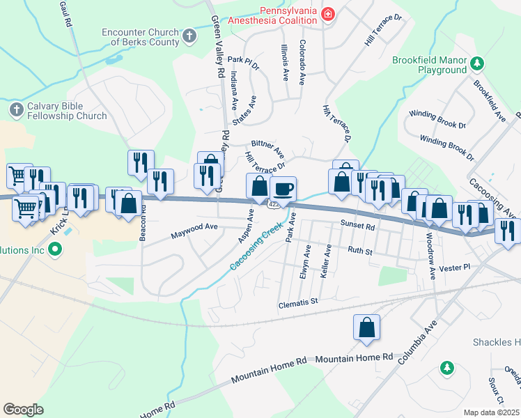 map of restaurants, bars, coffee shops, grocery stores, and more near 4610 Penn Avenue in Berks County