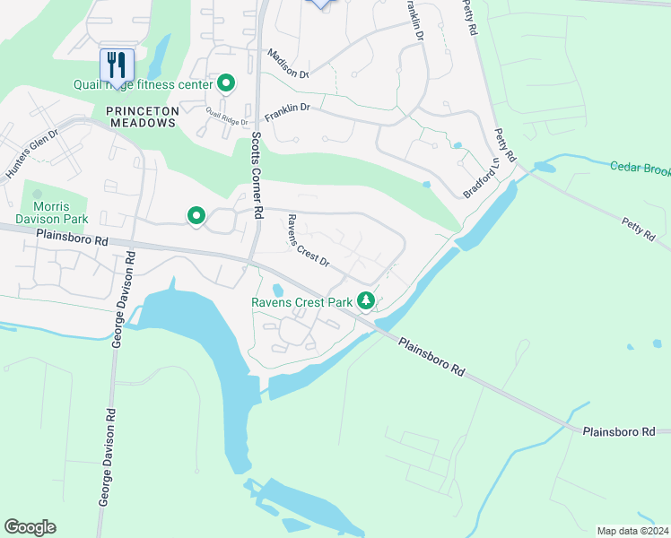 map of restaurants, bars, coffee shops, grocery stores, and more near 5001 Ravens Crest Drive in Princeton Meadows