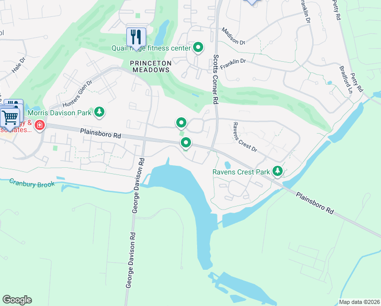 map of restaurants, bars, coffee shops, grocery stores, and more near 104 Ashford Drive in Plainsboro Township