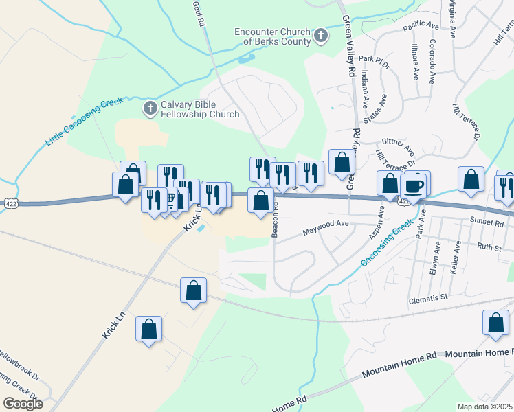 map of restaurants, bars, coffee shops, grocery stores, and more near 4708 Penn Avenue in Sinking Spring