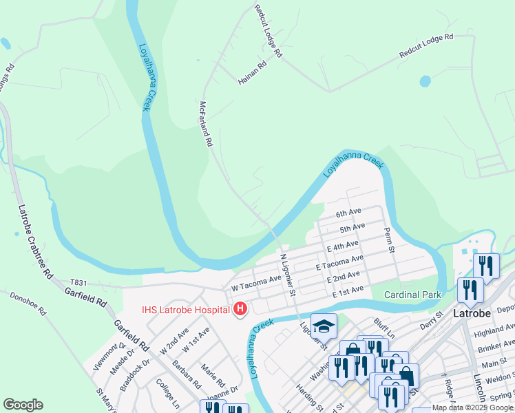 map of restaurants, bars, coffee shops, grocery stores, and more near 525 McFarland Road in Latrobe