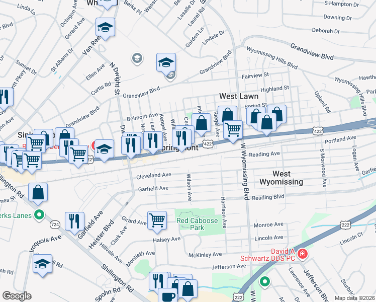 map of restaurants, bars, coffee shops, grocery stores, and more near in Springmont
