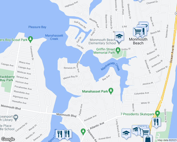 map of restaurants, bars, coffee shops, grocery stores, and more near 178 Riddle Ave in Long Branch