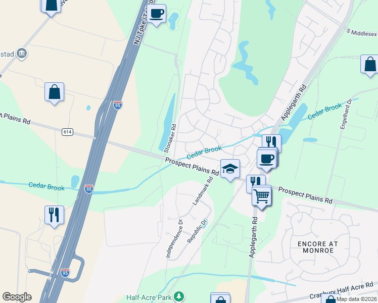 map of restaurants, bars, coffee shops, grocery stores, and more near 451 Roxbury Lane in Monroe Township