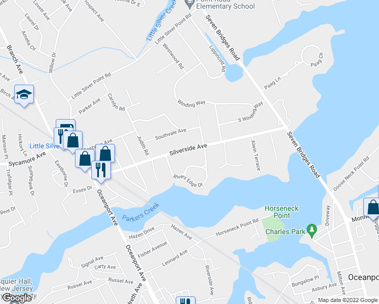 map of restaurants, bars, coffee shops, grocery stores, and more near 150 Silverside Avenue in Little Silver