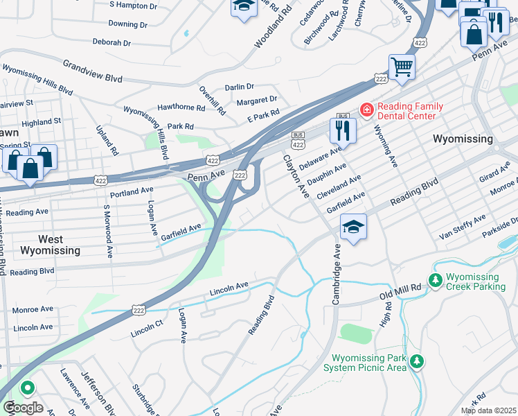 map of restaurants, bars, coffee shops, grocery stores, and more near 1 Avondale Drive in Wyomissing
