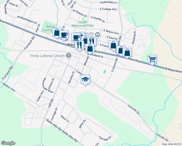 map of restaurants, bars, coffee shops, grocery stores, and more near 129 South Reber Street in Wernersville