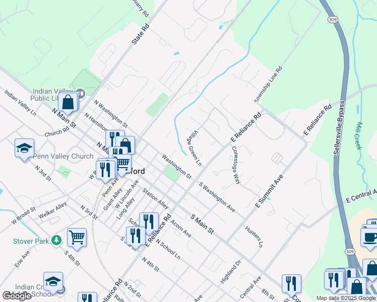 map of restaurants, bars, coffee shops, grocery stores, and more near 216 Village Green Lane in Telford