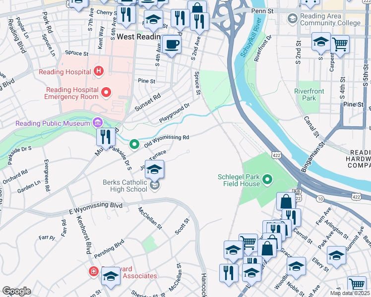 map of restaurants, bars, coffee shops, grocery stores, and more near in Reading
