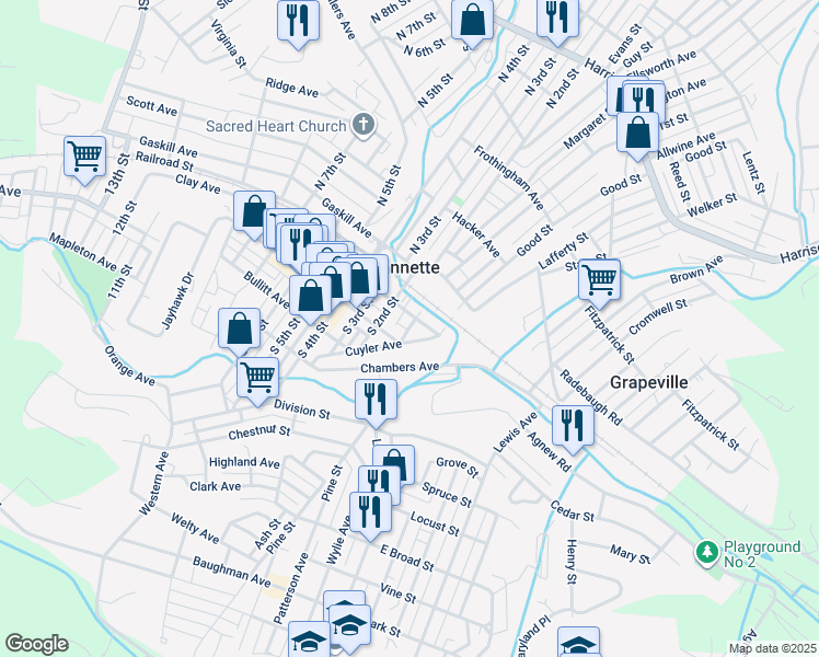 map of restaurants, bars, coffee shops, grocery stores, and more near South 1st Street in Jeannette