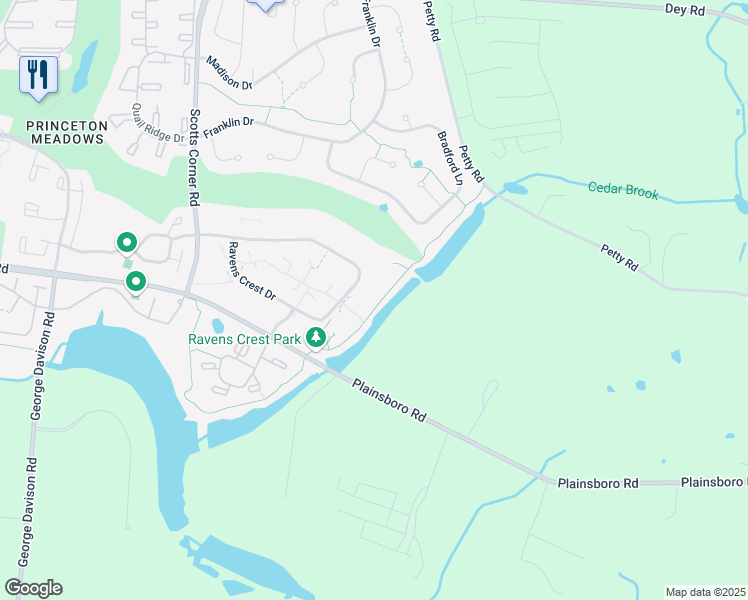 map of restaurants, bars, coffee shops, grocery stores, and more near 908 Ravens Crest Drive in Princeton Meadows