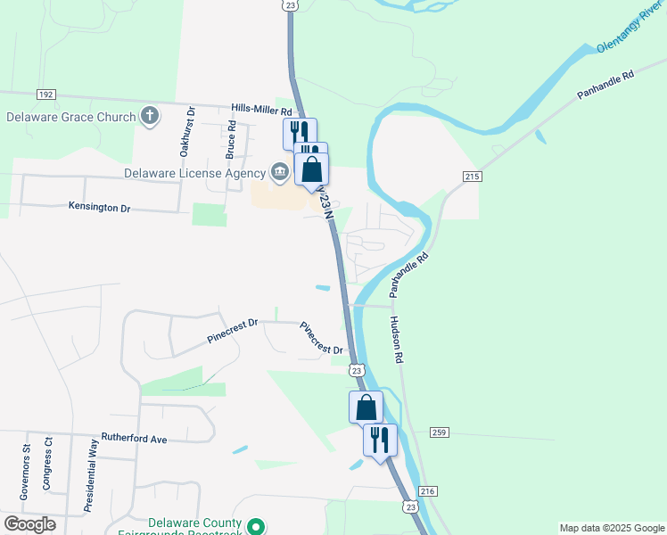 map of restaurants, bars, coffee shops, grocery stores, and more near 1859 U.S. Highway 23 North in Delaware