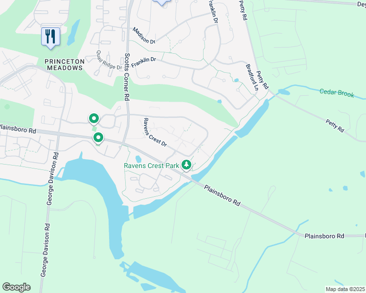 map of restaurants, bars, coffee shops, grocery stores, and more near 4915 Ravens Crest Drive in Princeton Meadows