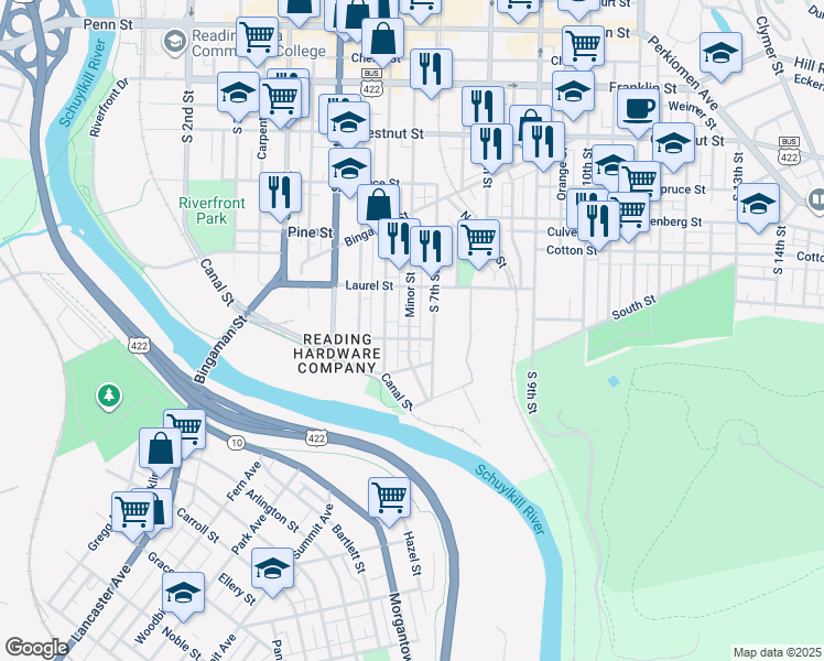 map of restaurants, bars, coffee shops, grocery stores, and more near 616 Willow Street in Reading