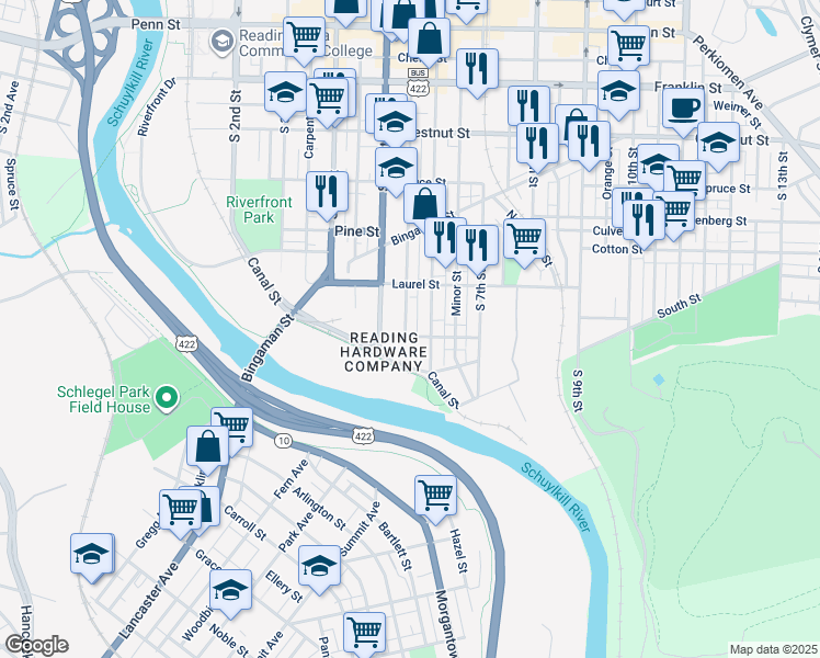map of restaurants, bars, coffee shops, grocery stores, and more near 522 Willow Street in Reading
