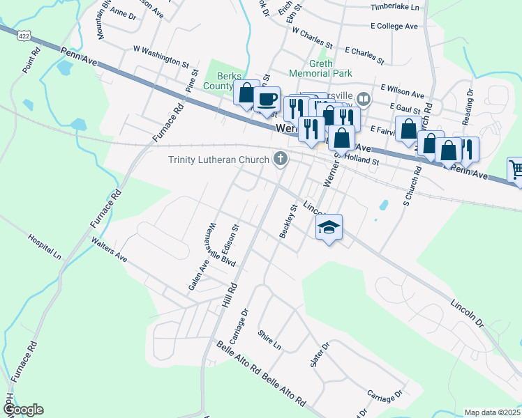 map of restaurants, bars, coffee shops, grocery stores, and more near 317 Hill Road in Wernersville
